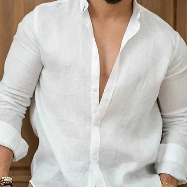 Blusa holgada de lino y algodón para hombre, camisa de verano de manga larga con cuello vuelto y botones, color liso, para negocios, FYY-10721