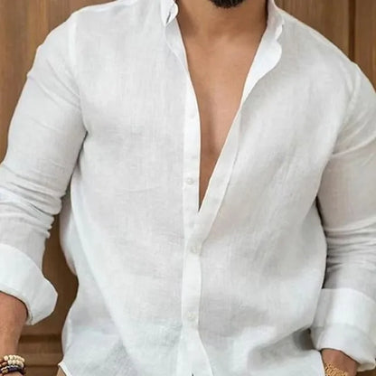 Blusa holgada de lino y algodón para hombre, camisa de verano de manga larga con cuello vuelto y botones, color liso, para negocios, FYY-10721