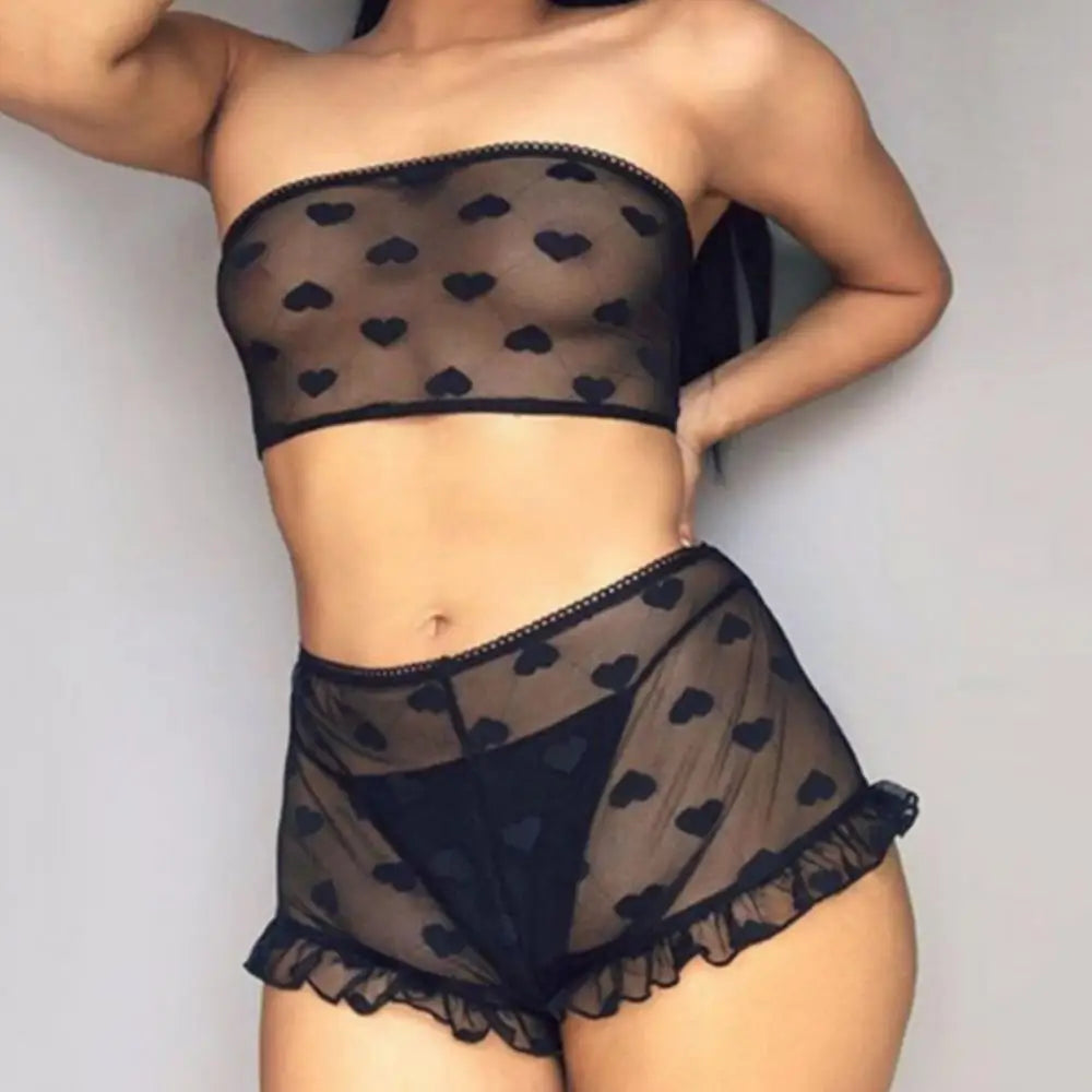 Conjunto de ropa interior erótica para mujer, top de tubo con estampado de corazones transparente, microshorts de encaje, lencería sin entrepierna, body sexy de encaje tipo babydoll.