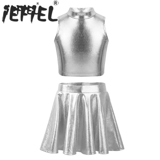 Ropa para niños, blusas sin mangas metálicas para niñas, minifalda plisada acampanada, conjunto de 2 piezas para niños, ropa de baile