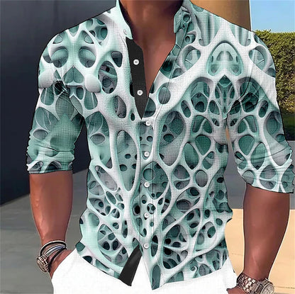 Camisa de manga larga para hombre con estampado abstracto 3D, cuello alto y botones. Diseños de moda urbana. Ropa de hombre.