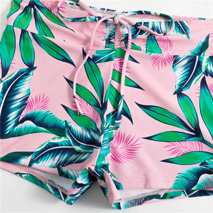 Bikini con cordón y estampado tropical para mujer, traje de baño de cintura alta con lazo frontal, pantalones cortos, traje de baño sexy para mujer, ropa de playa de verano
