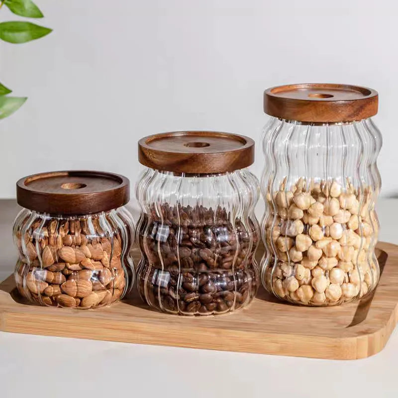Recipiente hermético de vidrio rayado con tapa de madera para almacenamiento en la cocina, botellas, frascos, recipientes para alimentos, granos de café, cereales y dulces.
