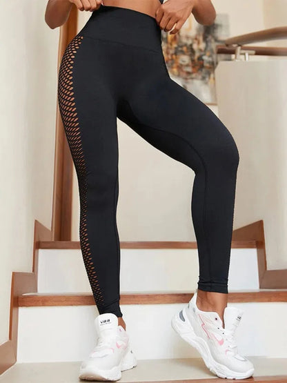 Pantalones de yoga deportivos para mujer, con diseño hueco lateral, efecto moldeador, realce de glúteos, largos y de color liso.