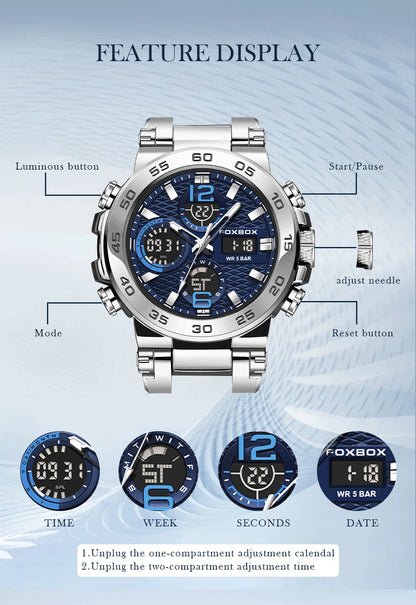 Reloj de pulsera deportivo para hombre FOXBOX Fashion Luxury Quartz, militar, impermeable, con doble pantalla, cronógrafo luminoso + CAJA