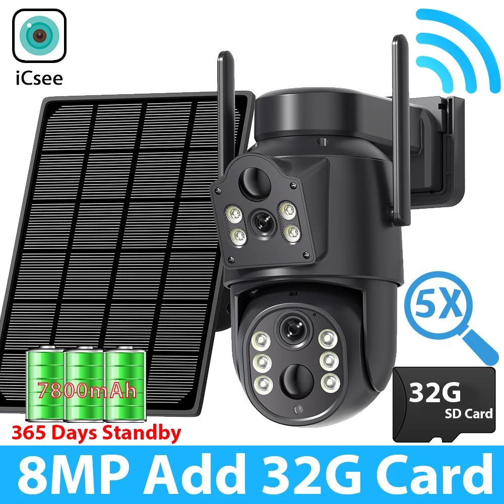 Cámara de seguridad exterior inalámbrica ICSEE de 8 MP, 4K, Wi-Fi, doble lente, 8MP, 4K, solar, con batería de 7800 mAh y 365 días de autonomía en espera.