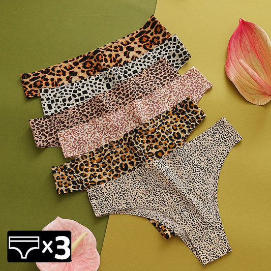 WarmSteps - Conjunto de 3 tangas sexys de leopardo para mujer, ropa interior femenina sin costuras, bragas estampadas de seda helada, 2024