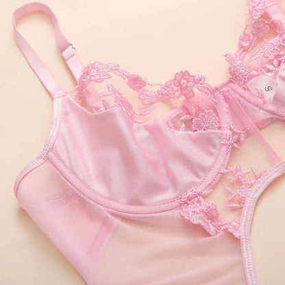 Conjunto de lencería sexy para mujer, ropa interior de encaje transparente, bikini con espalda en T, tanga, leotardo de corte alto, ropa de dormir erótica unicolor