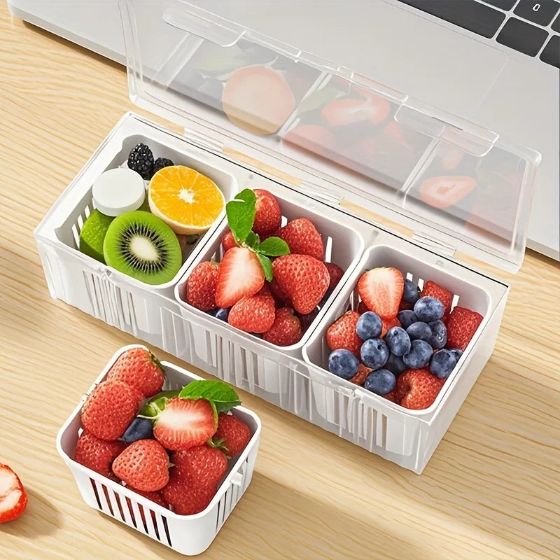 Cajas de almacenamiento para refrigerador de 3 rejillas, organizador para ajo, cebolla y pimiento, escurridor de frutas y verduras, recipientes sellados para cocina.