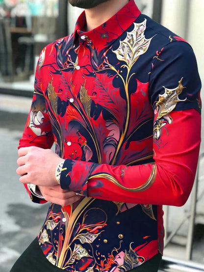 Camisa retro floral para hombre, manga larga, solapa, botonadura sencilla, tejido suave y cómodo para fiestas sociales elegantes y a la moda.