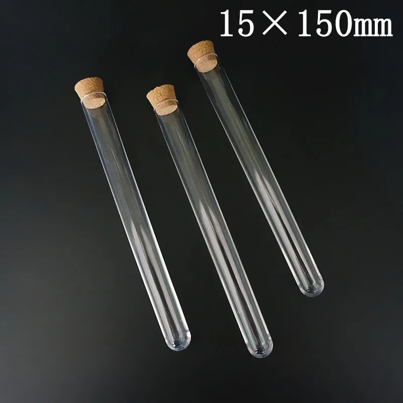 Tubos de ensayo de plástico transparente de 60 mm a 180 mm con tapones de corcho, ideales para laboratorios escolares, regalos de boda, etc.
