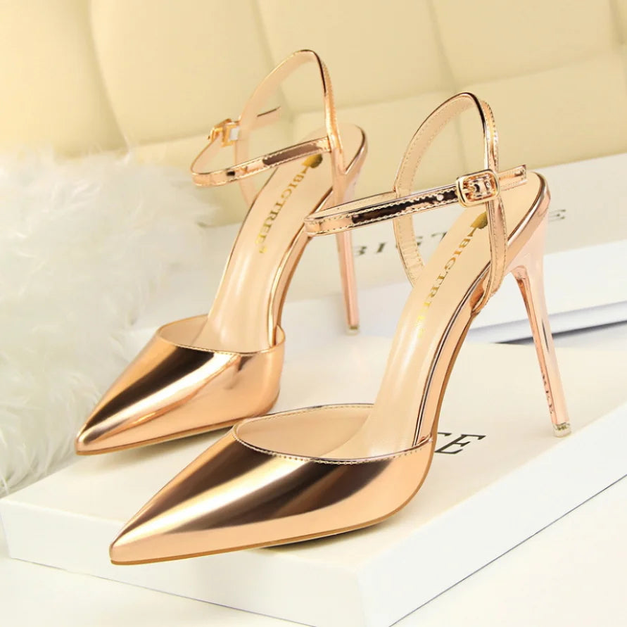 Zapatos de tacón ultraalto, sencillos, delgados, de piel pintada, sexis, para discoteca, con tiras de una palabra, para mujer, 86-1