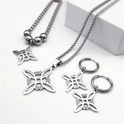 Conjunto de joyas de acero inoxidable, colgante de nudo celta irlandés, collar, pendientes, pulsera, anillo, brujería, bruja