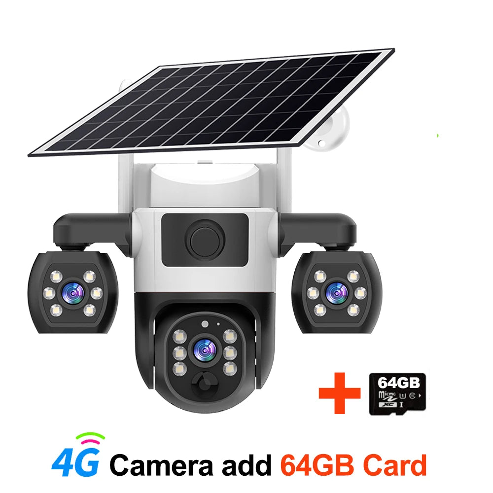 Cámara V380 Pro 4G con tarjeta SIM, panel solar, tres lentes, batería para exteriores, vigilancia doméstica, seguridad y protección (CCTV).