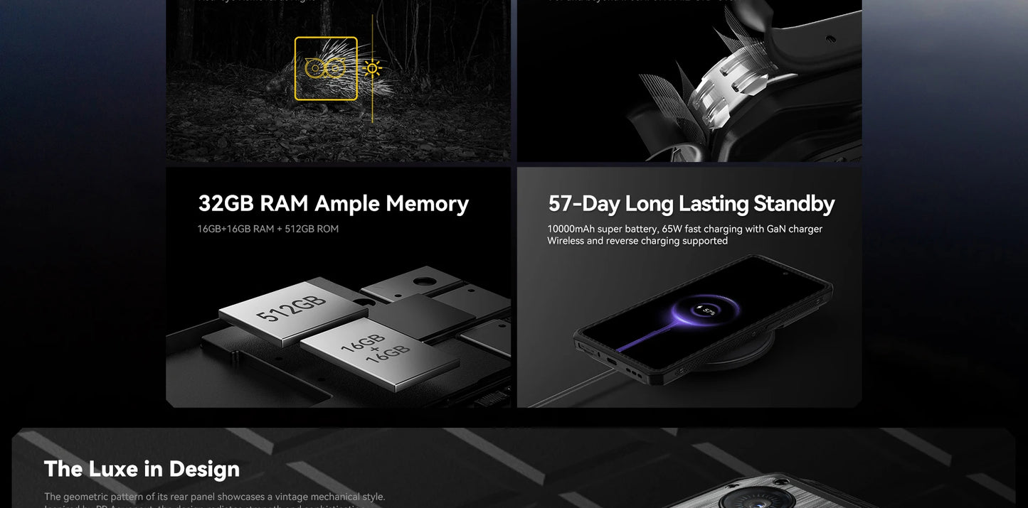 Smartphone resistente IIIF150 Raptor 5G con Android 14, pantalla AMOLED de 6,78" y 120 Hz, 16 GB de RAM + 512 GB de almacenamiento, cámara de 50 MP, batería de 10000 mAh y 65 W.