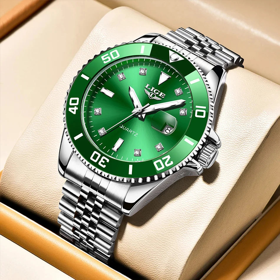 Reloj de lujo LIGE para hombre, reloj de cuarzo con esfera engastada de diamantes, resistente al agua, calendario, mariposa, doble cierre, acero inoxidable.