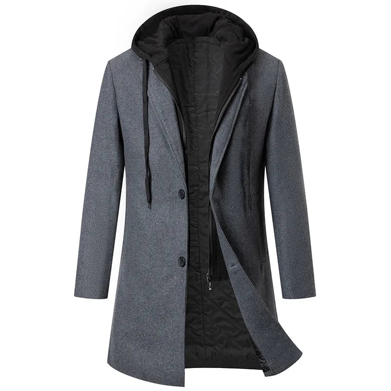 Autumn Winter Men's Wool Trench Coat Fashion Hooded Warm Long Woollen Coats Business Casual Turn Down Collar Woolen Blend Men