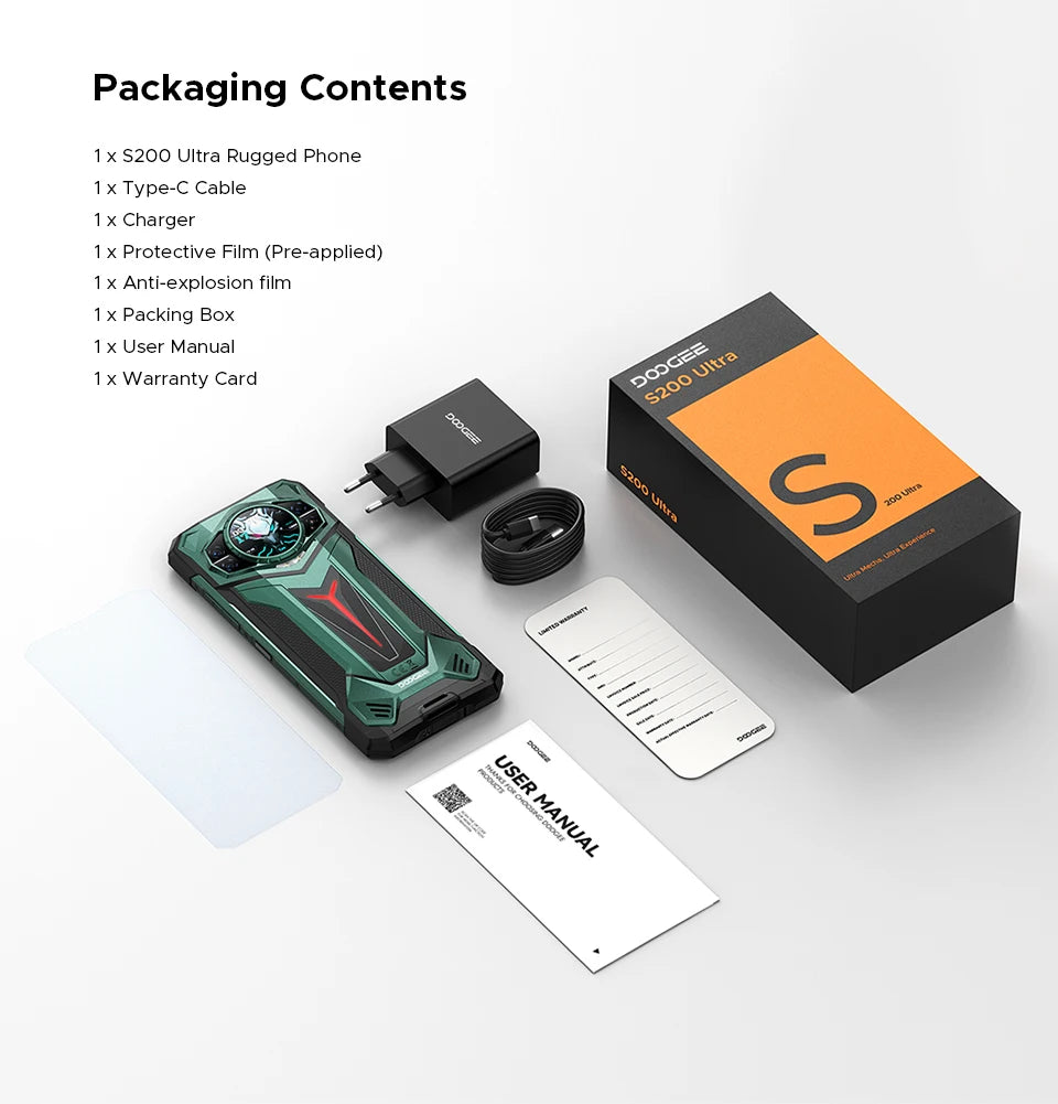 Teléfono resistente DOOGEE S200 Ultra 5G con IA, 48 GB + 1 TB, pantalla trasera de 1,34" con efecto de luz, procesador Dimensity 7400, batería de 11000 mAh, carga rápida de 66 W, NFC, WiFi 6E.