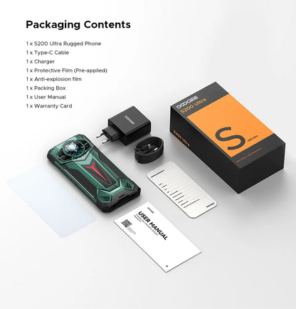 Teléfono resistente DOOGEE S200 Ultra 5G con IA, 48 GB + 1 TB, pantalla trasera de 1,34" con efecto de luz, procesador Dimensity 7400, batería de 11000 mAh, carga rápida de 66 W, NFC, WiFi 6E.