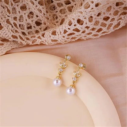 Pendientes colgantes de circonita cúbica con corte marquesa para mujer, joyería de boda con hojas de perla de imitación, precio de fábrica