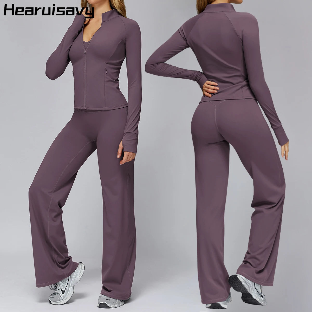 Conjunto deportivo Hearuisavy para mujer, chaqueta deportiva de manga larga con cremallera y bolsillos, ropa exterior ajustada de secado rápido para correr, pantalones de yoga de cintura alta