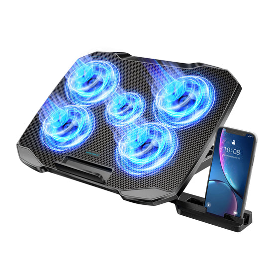 Base de refrigeración COOLCOOLD para portátiles de 12 a 17 pulgadas, con 5 ventiladores silenciosos, 5 ángulos de ajuste y soporte para teléfono.