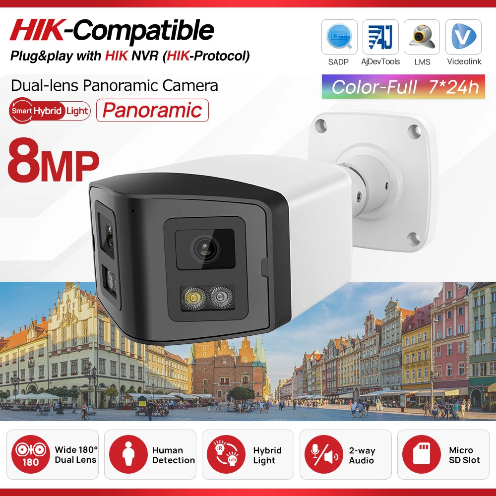 Cámara panorámica de doble luz de 4 MP y 8 MP con PoE, micrófono y altavoz integrados, detección humana, visión nocturna a color y sistema de vigilancia compatible con Hikvision.