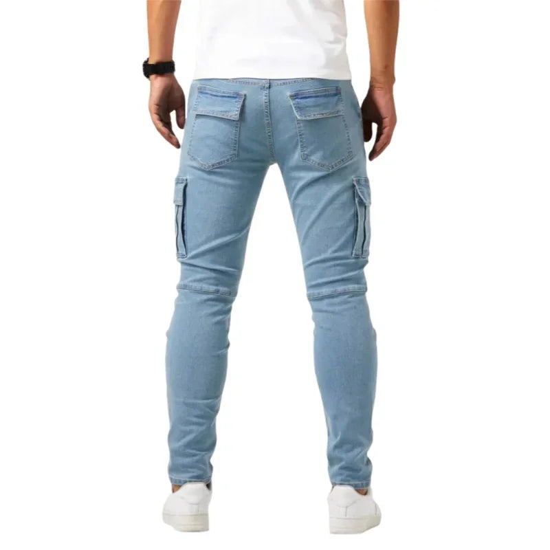 Pantalones vaqueros ajustados elásticos para hombre, pantalones vaqueros lisos de corte ajustado, pantalones cargo con múltiples bolsillos, pantalones casuales de moda para hombre