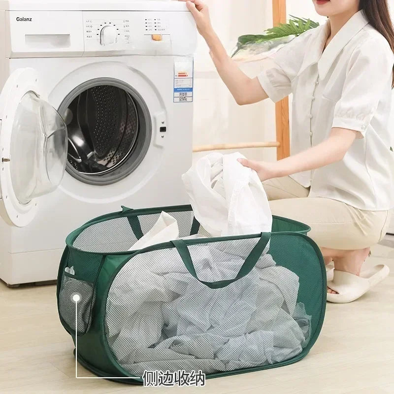 Cesta de lavandería plegable y duradera, cesta de lavandería de malla desplegable con bolsillo lateral, cesta de almacenamiento de ropa plegable con refuerzo