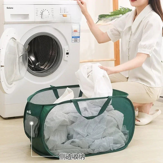 Cesta de lavandería plegable y duradera, cesta de lavandería de malla desplegable con bolsillo lateral, cesta de almacenamiento de ropa plegable con refuerzo