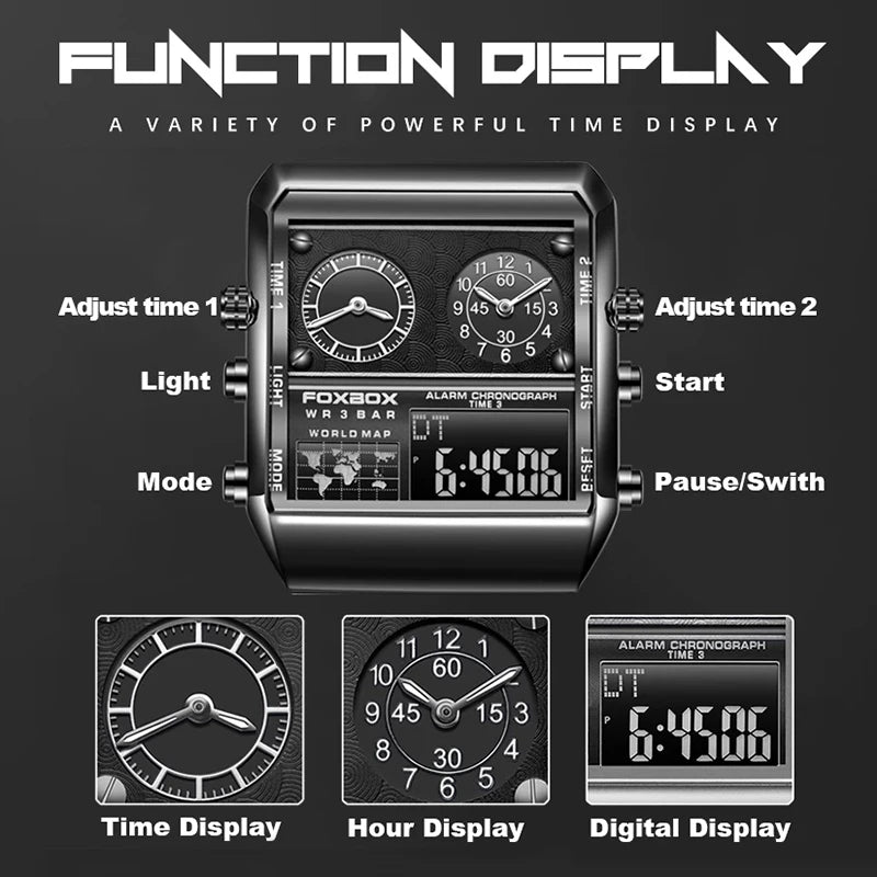 LIGE - Nuevo reloj para hombre, cuadrado, luminoso, deportivo, correa de acero inoxidable, doble pantalla, reloj de pulsera de cuarzo, reloj militar resistente al agua