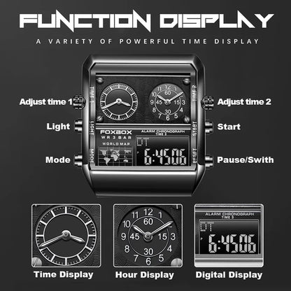 LIGE - Nuevo reloj para hombre, cuadrado, luminoso, deportivo, correa de acero inoxidable, doble pantalla, reloj de pulsera de cuarzo, reloj militar resistente al agua