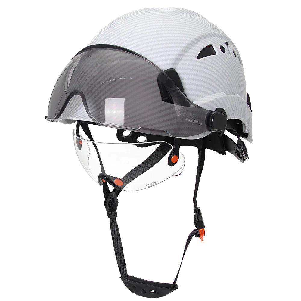 Casco de seguridad con patrón de fibra de carbono y gafas de doble visera para ingenieros, casco de seguridad CE ANSI ABS, gorra de trabajo industrial, rescate