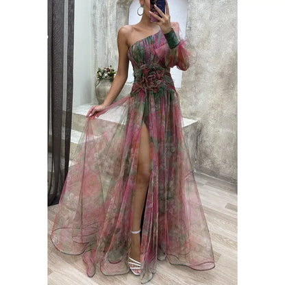 Women's Summer Fashion Casual Dress Slant Neck Off Shoulder Long Sleeve Mesh Dress Flower Waist Split Dress Holiday Party