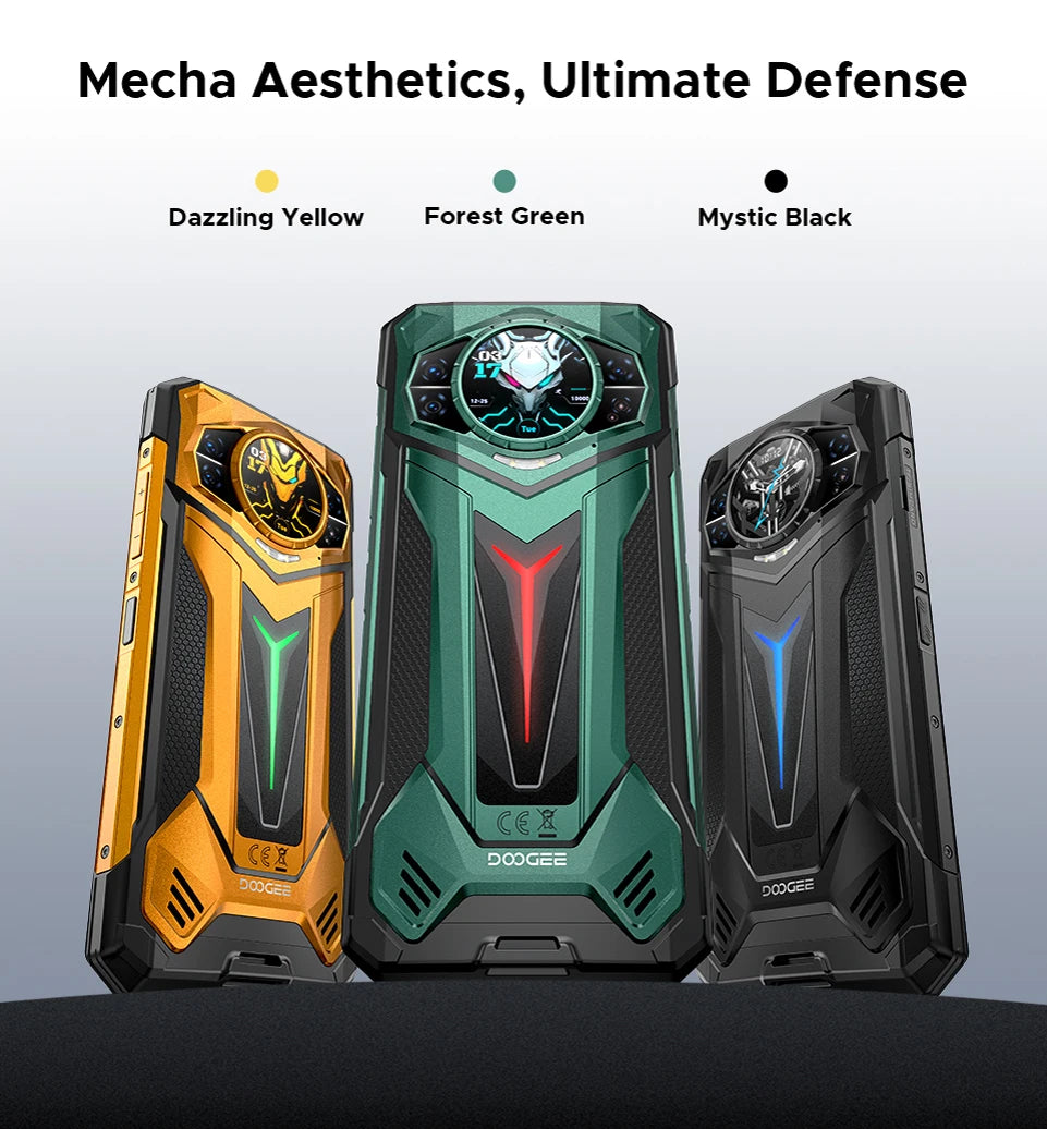 Teléfono resistente DOOGEE S200 Ultra 5G con IA, 48 GB + 1 TB, pantalla trasera de 1,34" con efecto de luz, procesador Dimensity 7400, batería de 11000 mAh, carga rápida de 66 W, NFC, WiFi 6E.