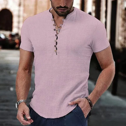 Nueva camiseta de manga corta para hombre, de algodón y lino con botones. Ropa casual para hombre. Camisetas populares para hombre.