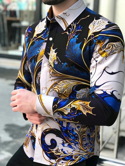 Camisa retro floral para hombre, manga larga, solapa, botonadura sencilla, tejido suave y cómodo para fiestas sociales elegantes y a la moda.