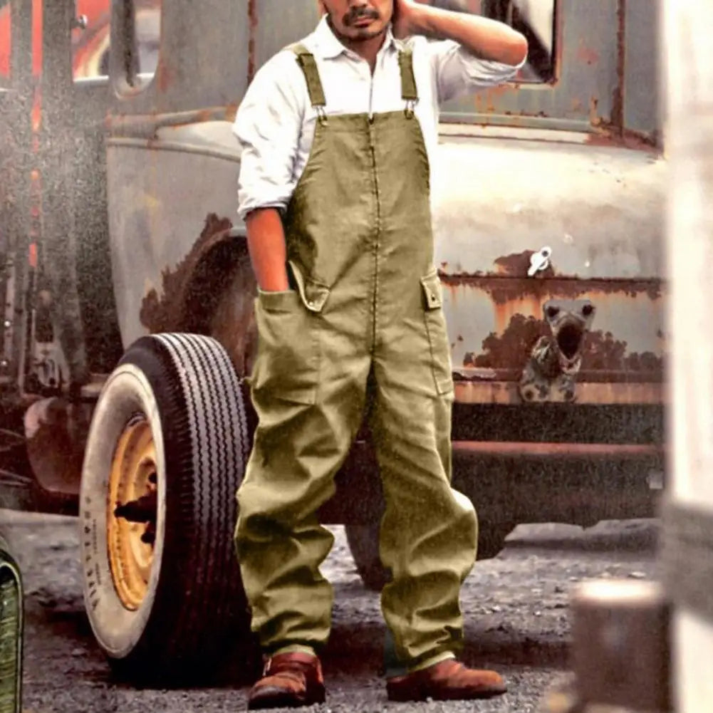 Mono vaquero para hombre, estilo retro informal, con múltiples bolsillos, peto vaquero, pantalón largo con tirantes, estilo urbano.