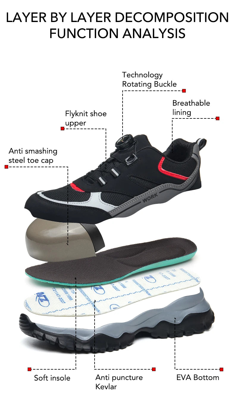 Zapatillas ligeras y transpirables con punta de acero para hombre, calzado de seguridad con protección antigolpes y antiperforación, con botones giratorios.