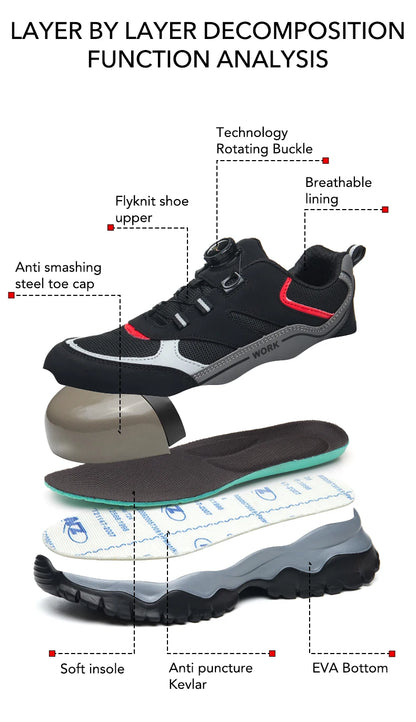 Zapatillas ligeras y transpirables con punta de acero para hombre, calzado de seguridad con protección antigolpes y antiperforación, con botones giratorios.