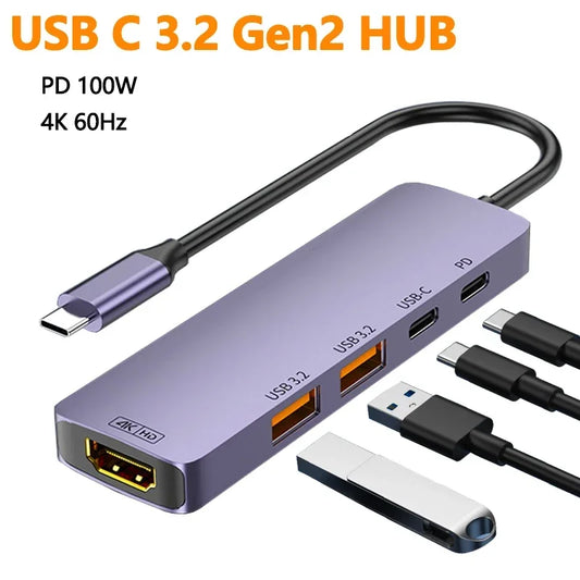 Hub USB-C de 10 Gbps, 4K, 60 Hz, compatible con HDMI, PD, adaptador divisor USB de 100 W para iPhone 15, MacBook Air Pro, Samsung S23, 24 y Dex
