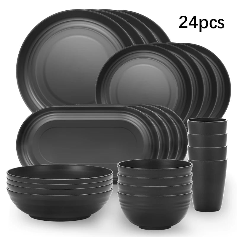 Juego de cubiertos de plástico de 24 piezas, platos, tazas, platos de cena negros, juego de regalo para acampar al aire libre