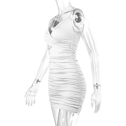 7 Color Sexy Wrinkled Pleated V Neck Sling Dress Short Club Ladies 2025 Summer Bodycon Dress Evening Party Tight Mini Dress D007