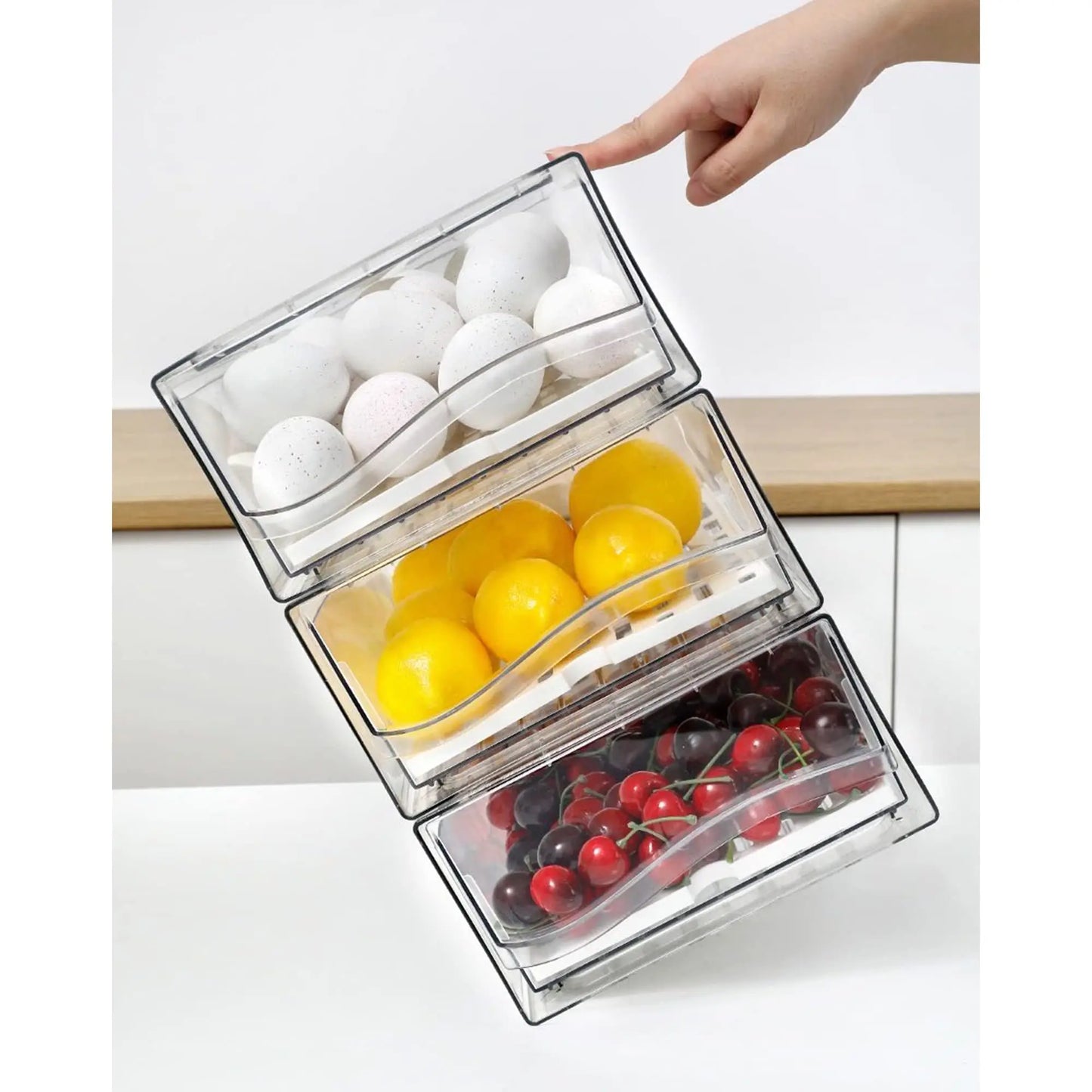 Organizador de refrigerador, contenedores apilables para refrigerador, contenedores reutilizables para almacenar alimentos, organizador de cajones para refrigerador en la cocina del hogar.
