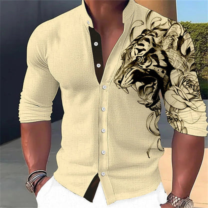 Camisa de manga larga para hombre con estampado abstracto 3D, cuello alto y botones. Diseños de moda urbana. Ropa de hombre.