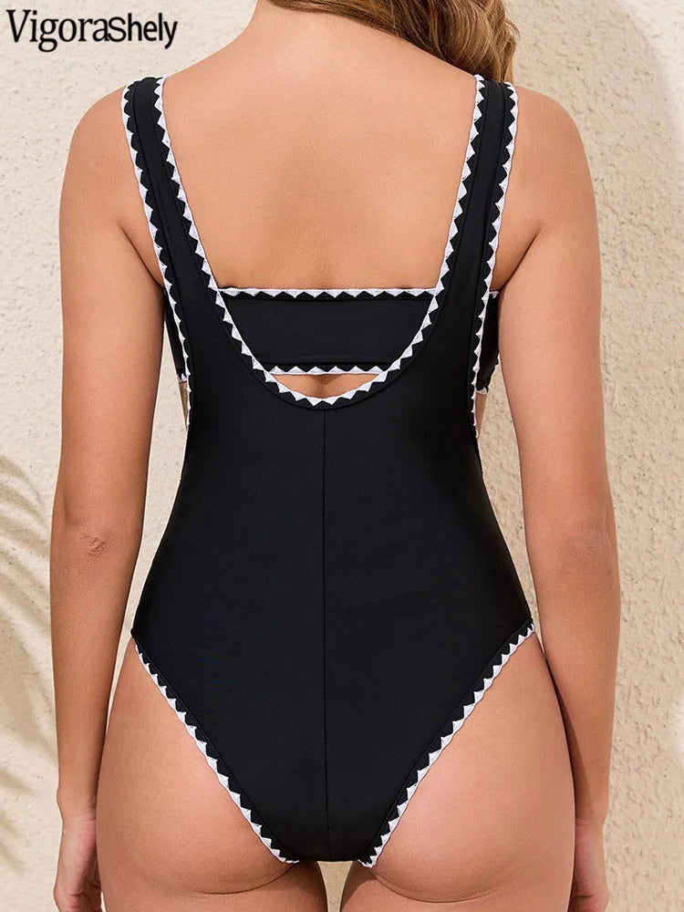 Vigoashely 2025 Sexy Black Two Piece Swimwear Women Push UP Hollow One Piece Swimsuit Monokini Backless Beach Lady Bathing Suit