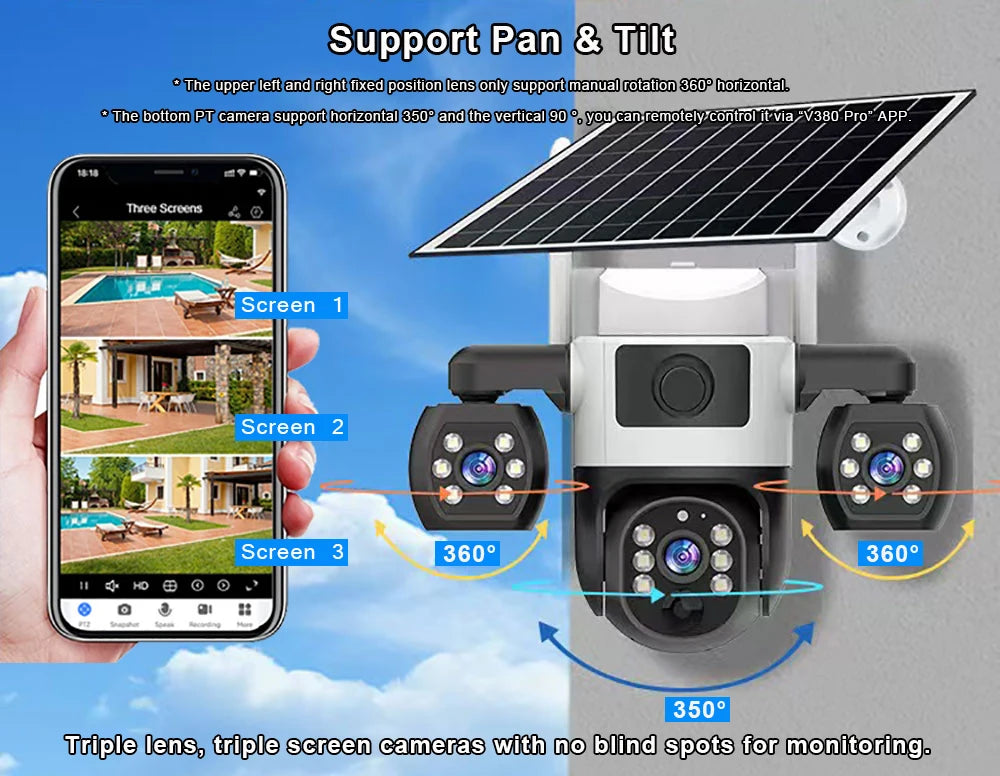 Cámara V380 Pro 4G con tarjeta SIM, panel solar, tres lentes, batería para exteriores, vigilancia doméstica, seguridad y protección (CCTV).