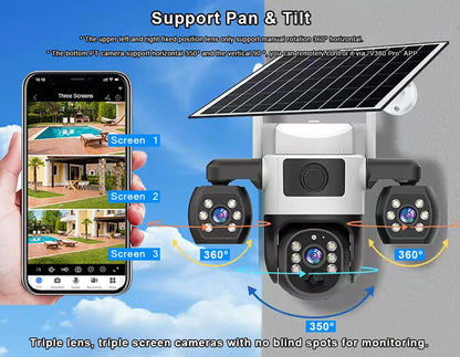Cámara V380 Pro 4G con tarjeta SIM, panel solar, tres lentes, batería para exteriores, vigilancia doméstica, seguridad y protección (CCTV).