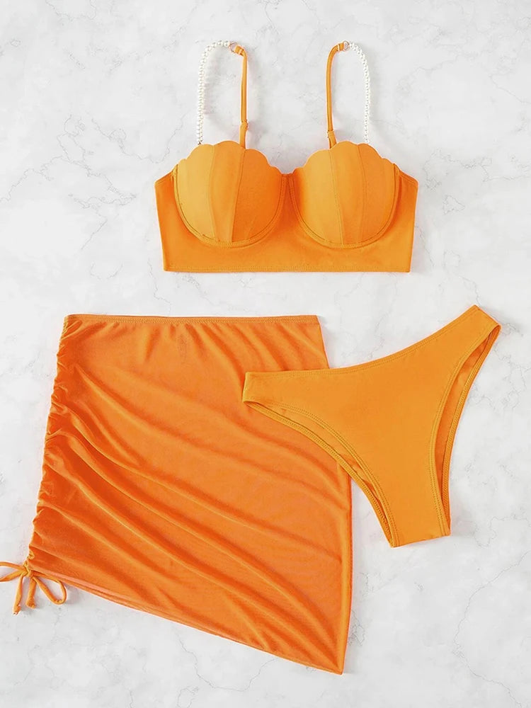 Conjunto de bikini sexy de 3 piezas para mujer, traje de baño con falda, novedad de 2023, bikini push up para mujer, ropa de playa con perlas sintéticas.
