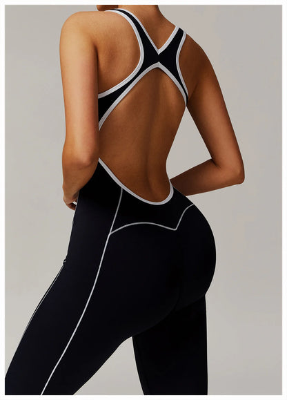 Conjunto de ropa deportiva de yoga con espalda cruzada para mujer, monos de una pieza con bloques de color, monos deportivos sin mangas, conjunto de gimnasio